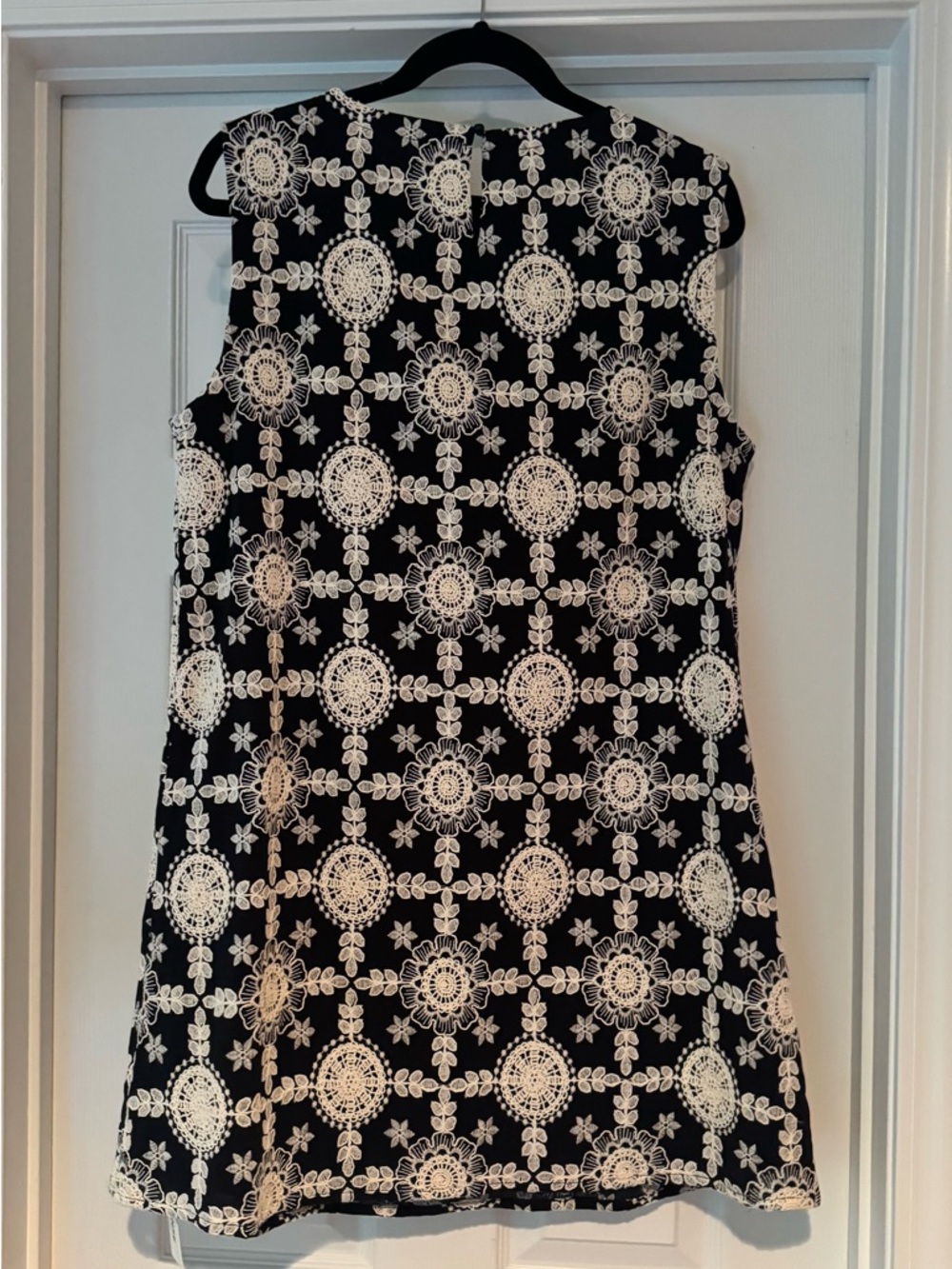 Commense Black Mini Dress with White Crochet Medallion